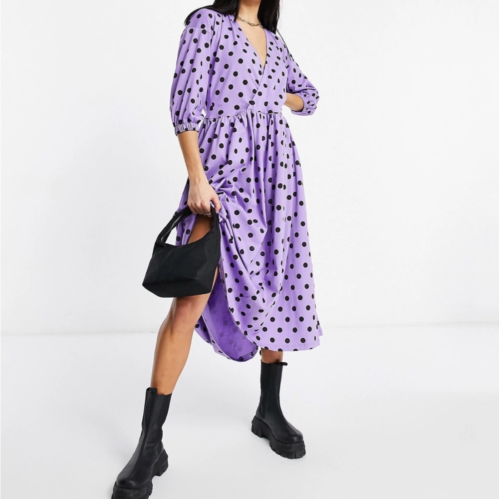 ASOS DESIGN 4 Tall midi smock dress with wrap top in purple and black polka dots